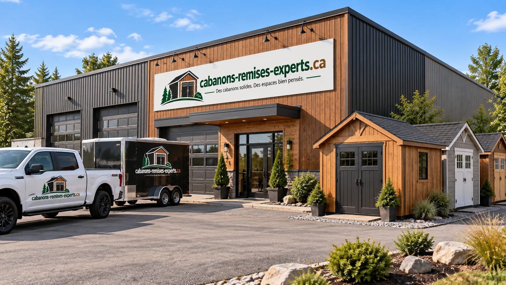 Bâtiment de l'entreprise avec modèles de cabanons exposés à l'extérieur et remorque de livraison