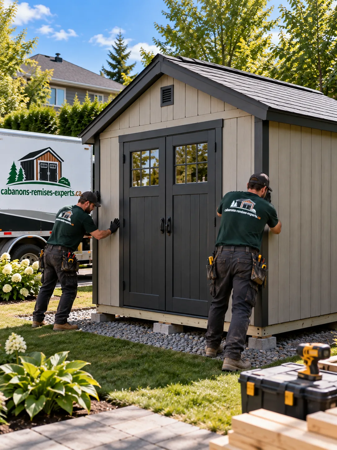 Deux installateurs positionnant un cabanon préfabriqué sur son assise de pierre